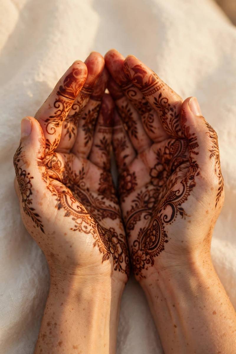 Hands with beautiful henna cupped together in warm light