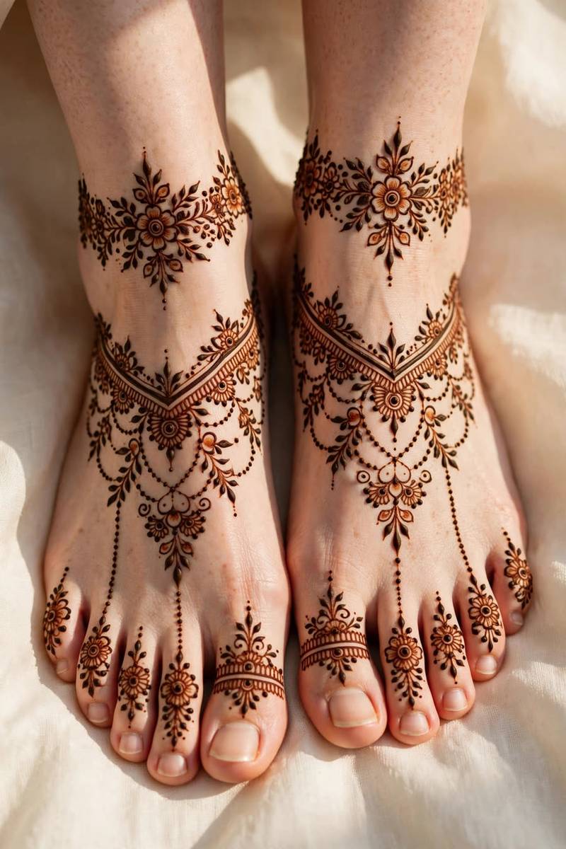 Anklet chain foot jewellery mehndi design around the ankle