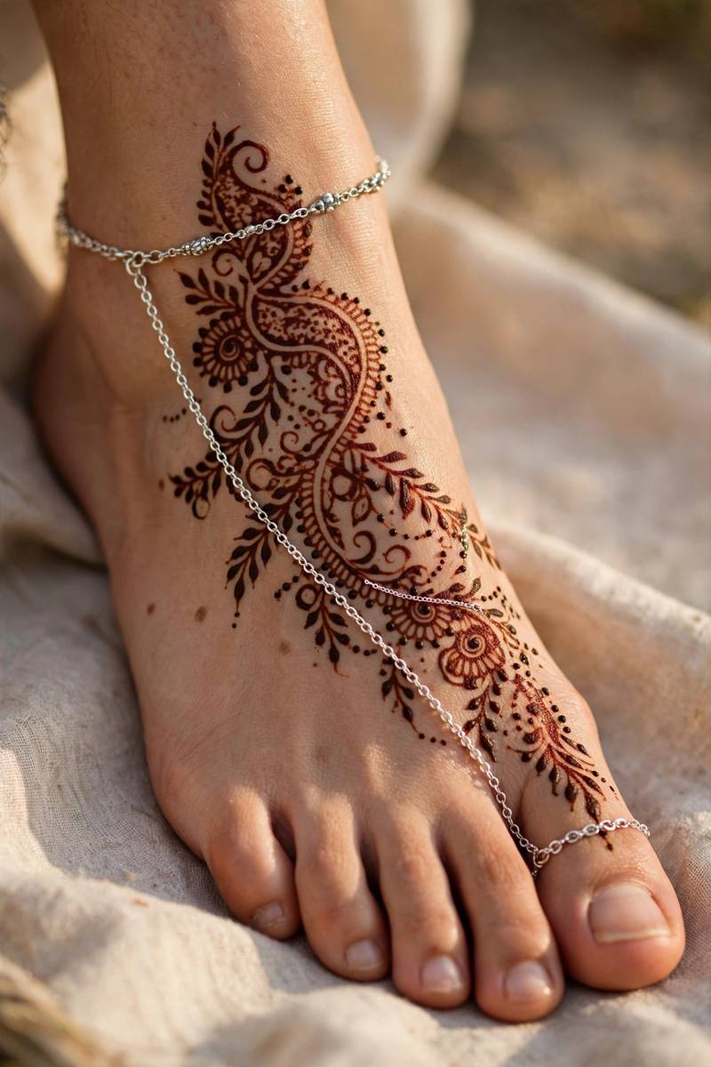Foot chain jewellery mehndi design linking ankle to toe