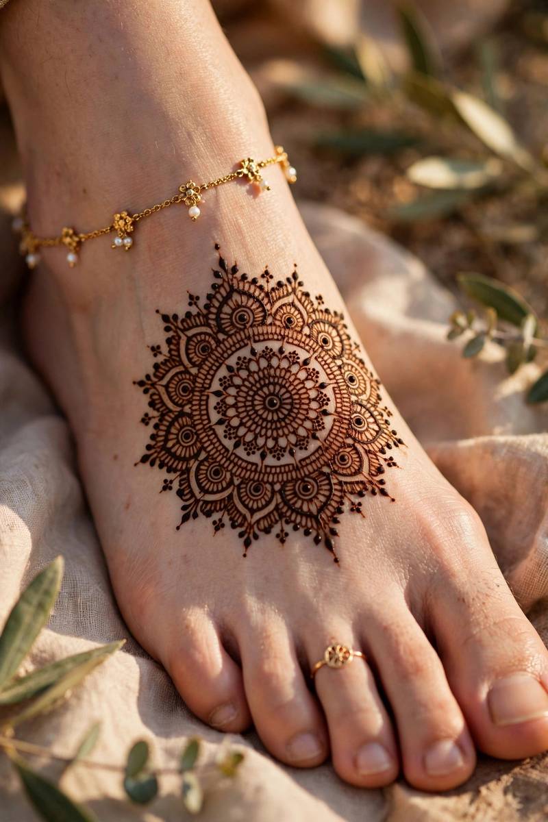 Foot mandala jewellery mehndi design on the top of the foot