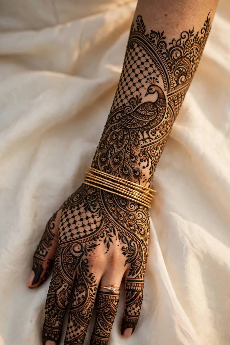 Classic Arabic mehndi design with trailing floral vine across the back of a hand