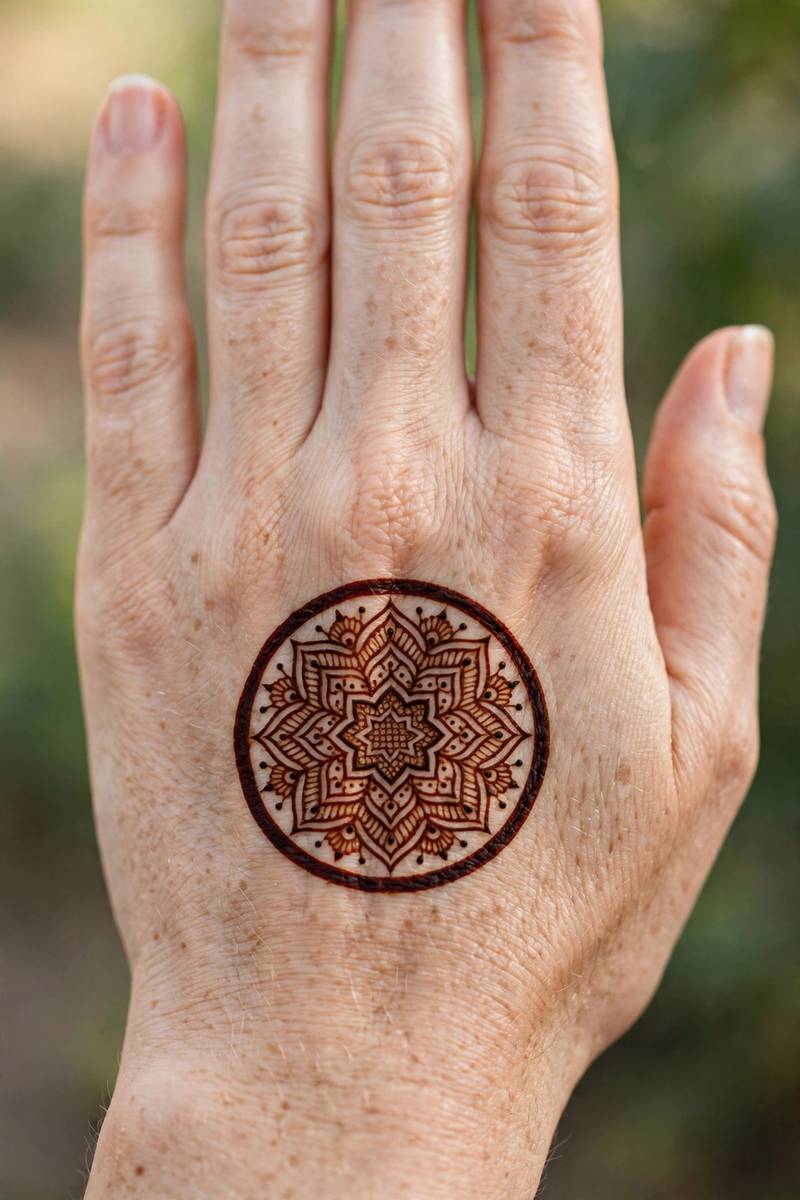 Gorgeous henna design picture of an ornate mandala on the back of the hand