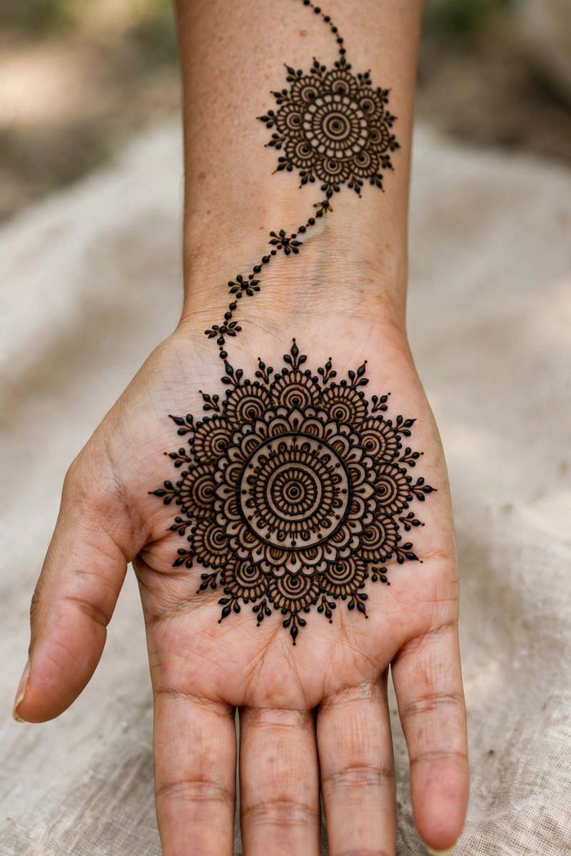 Pretty henna pic of a round mandala mehndi design with dot details