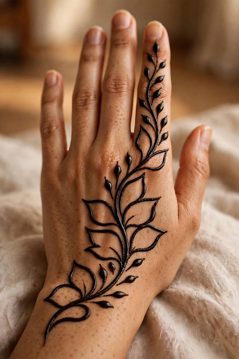 Minimal single-stem arabic vine mehndi from wrist to fingertips