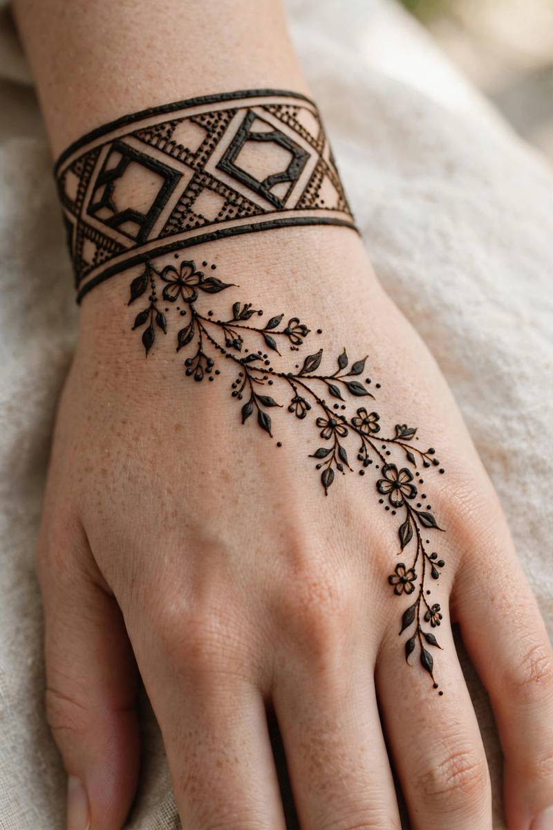 Arabic mehndi wrist cuff with trailing floral vine across the back of the hand