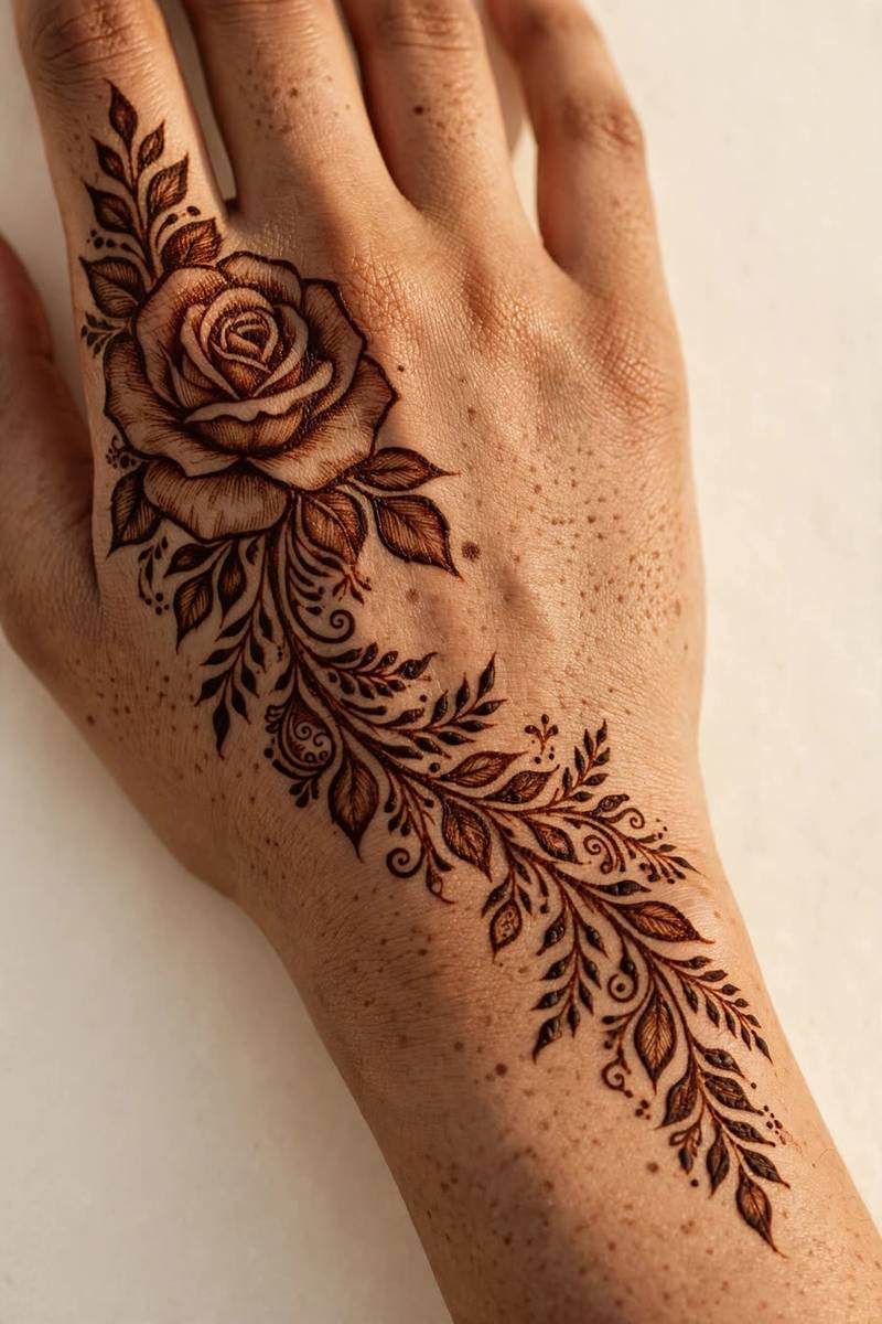 Large bold rose mehndi cluster in arabic style on back of hand