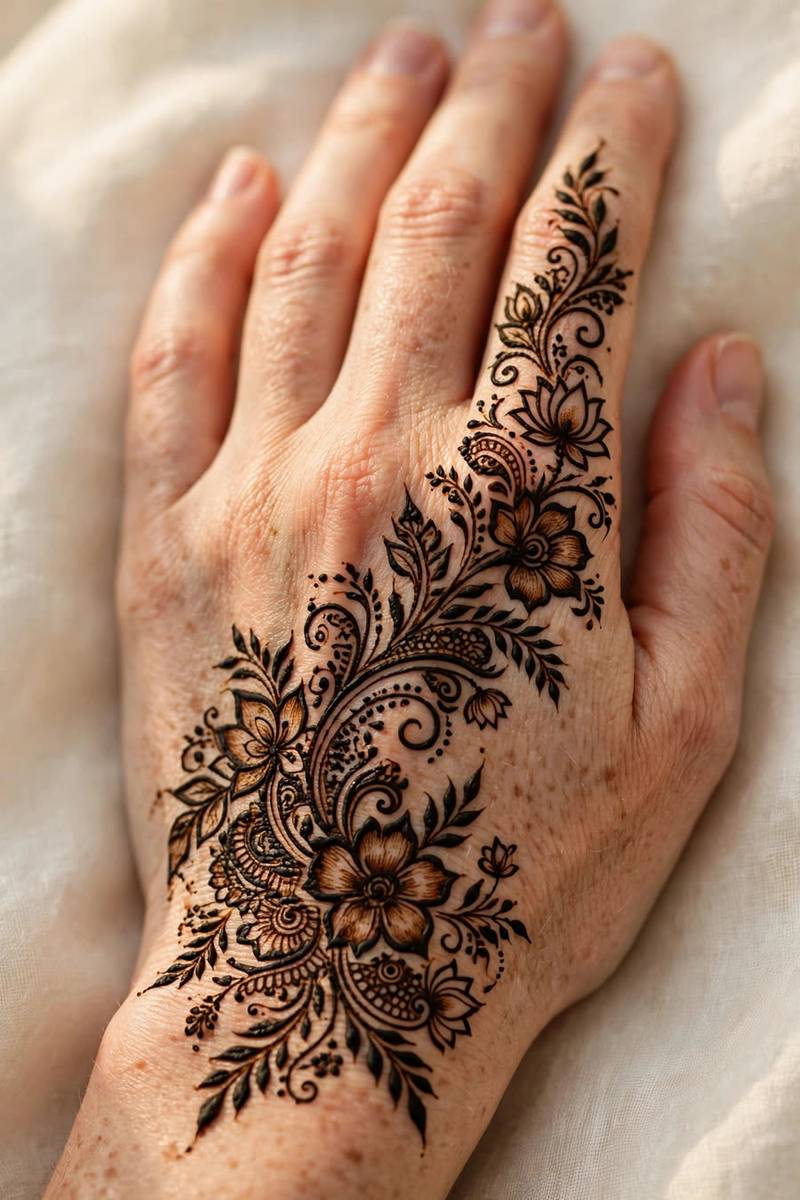 Single large arabic mehndi motif centred on the back of the hand