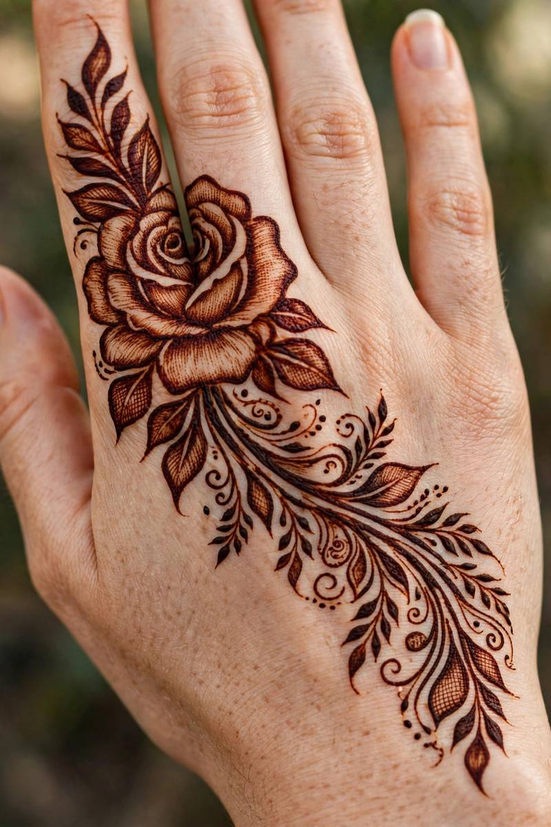 Cascading roses and paisleys in bold arabic mehndi on back of hand