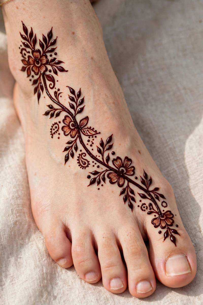 Bold diagonal floral vine in arabic mehndi across the top of the foot