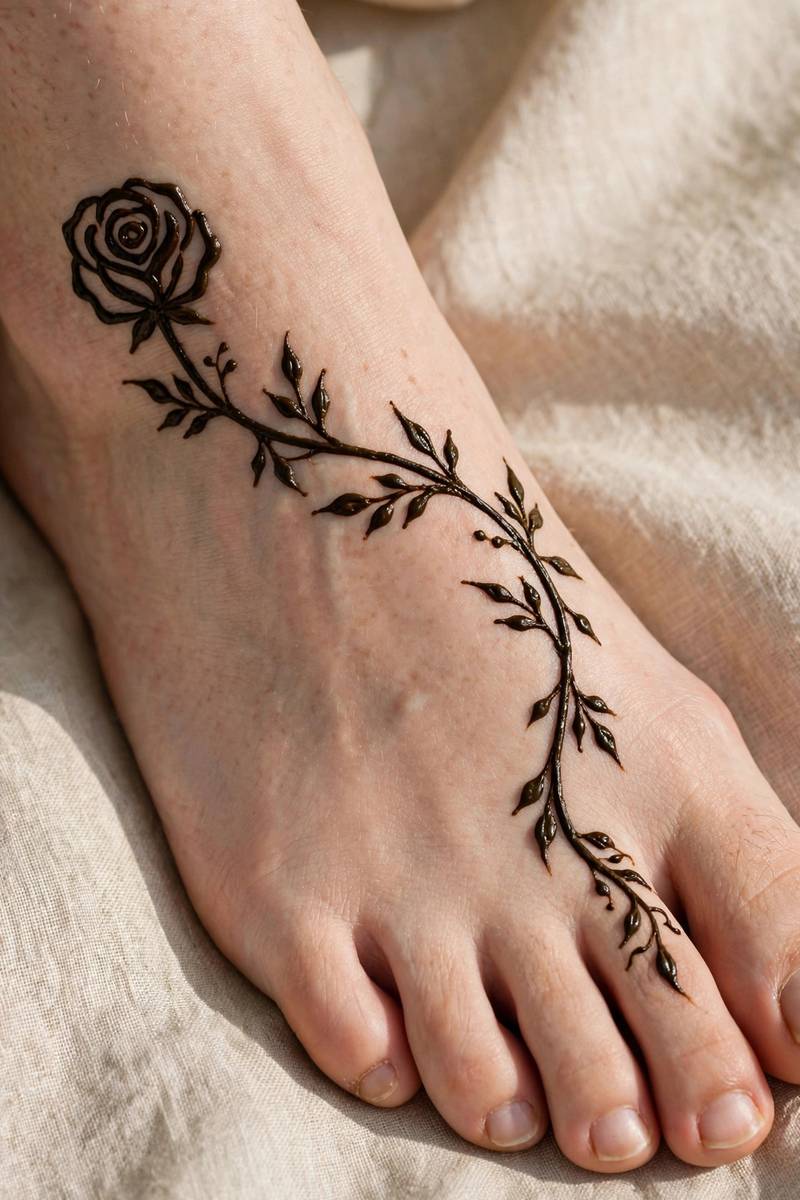 Single rose and vine sweeping across the foot in arabic mehndi