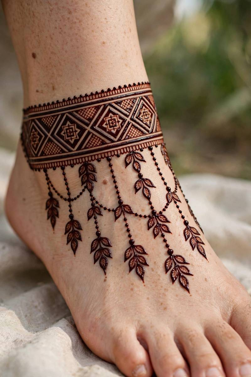 Geometric anklet band in arabic mehndi with pendant trails on foot