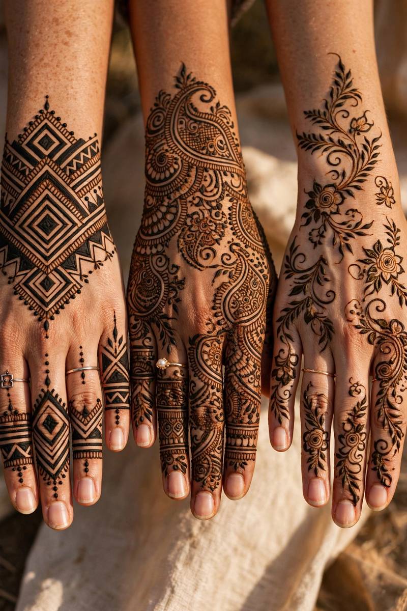 Hands showing Moroccan, Indian and Arabic henna styles side by side