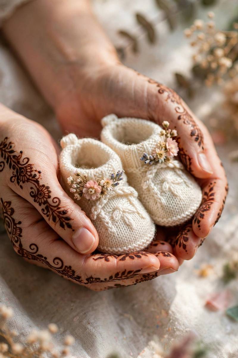 Pretty hand henna holding baby booties with flowers