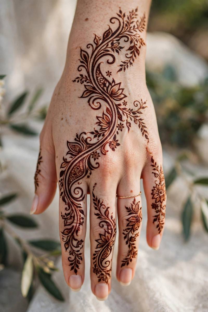 Bridal arabic floral trail henna across back of hand