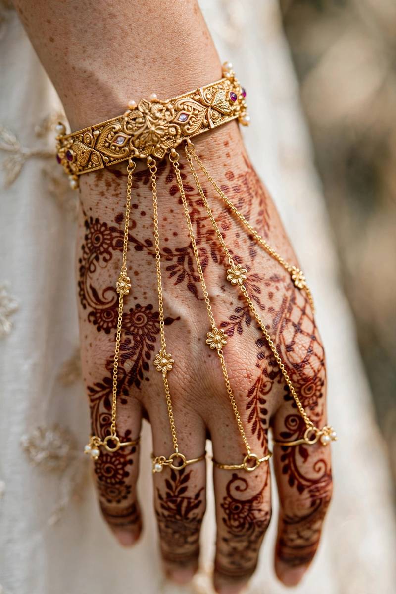 Hathphool style henna jewellery on back of bride's hand