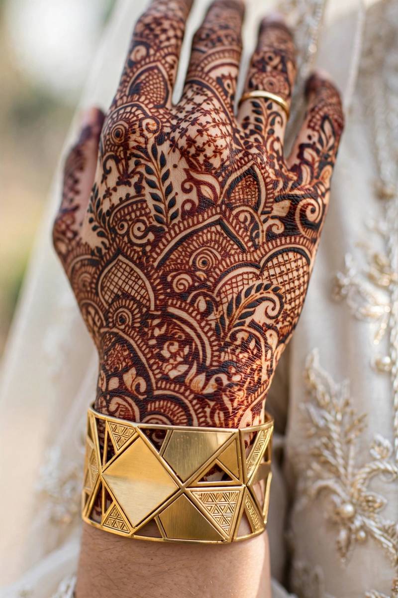 Dense bridal henna on back of hand with wrist cuff band