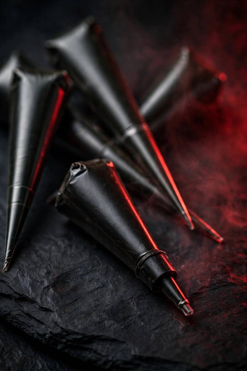 Close-up of suspicious black henna cones with dramatic red lighting