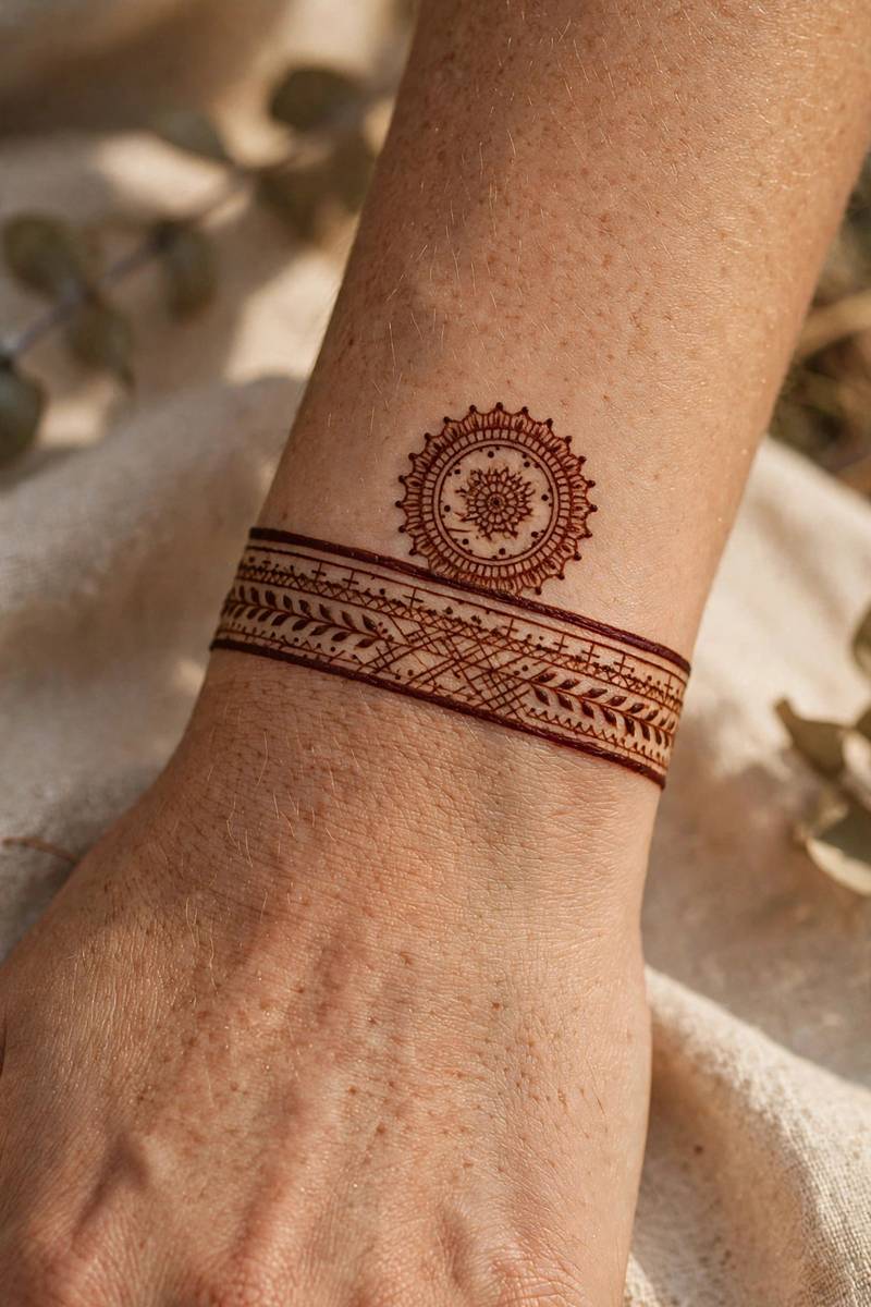 Watch style bracelet mehndi design around the wrist