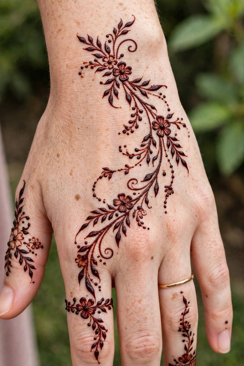 Coordinated bridesmaid henna with matching floral style