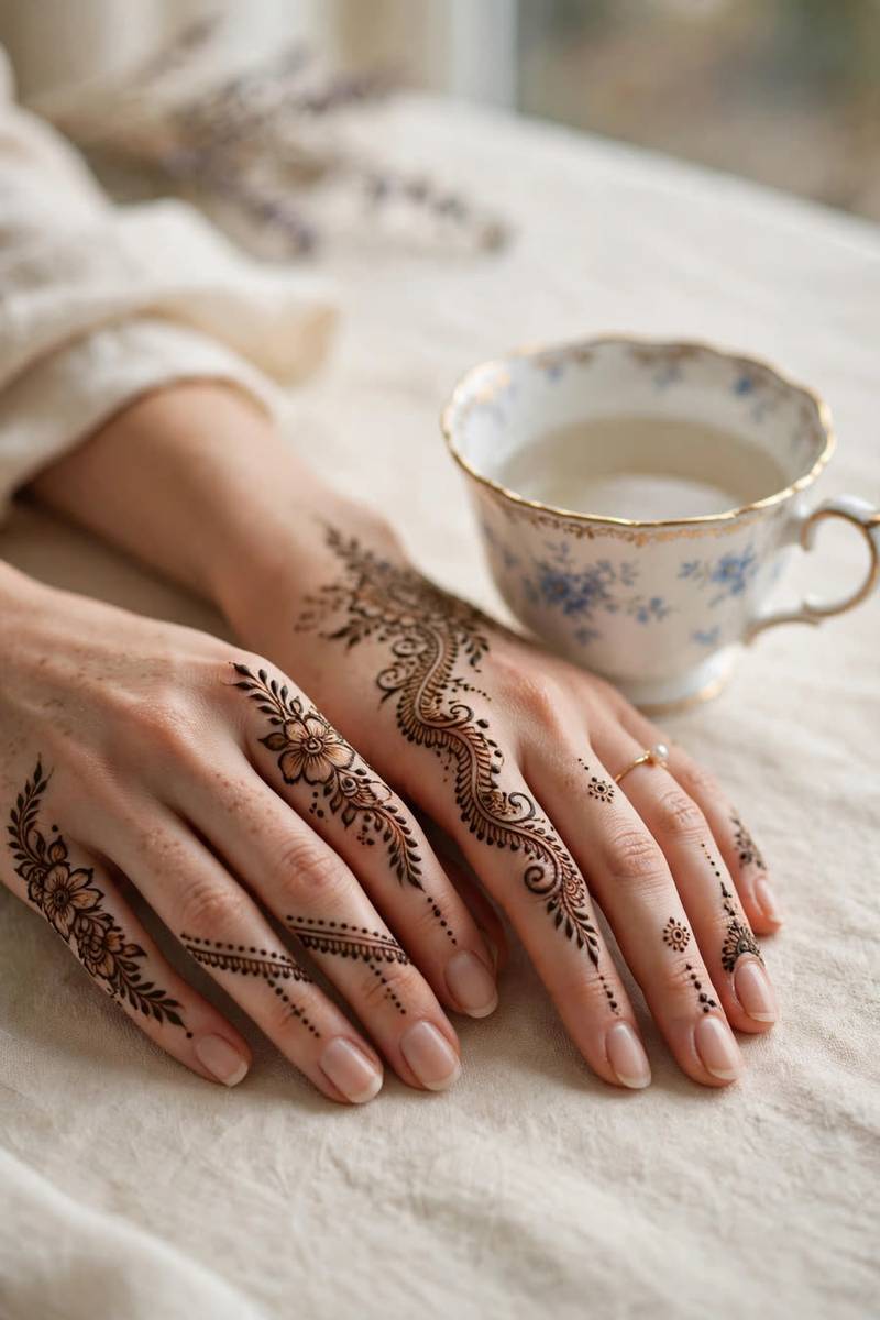 Elegant mehndi hands beside a porcelain teacup