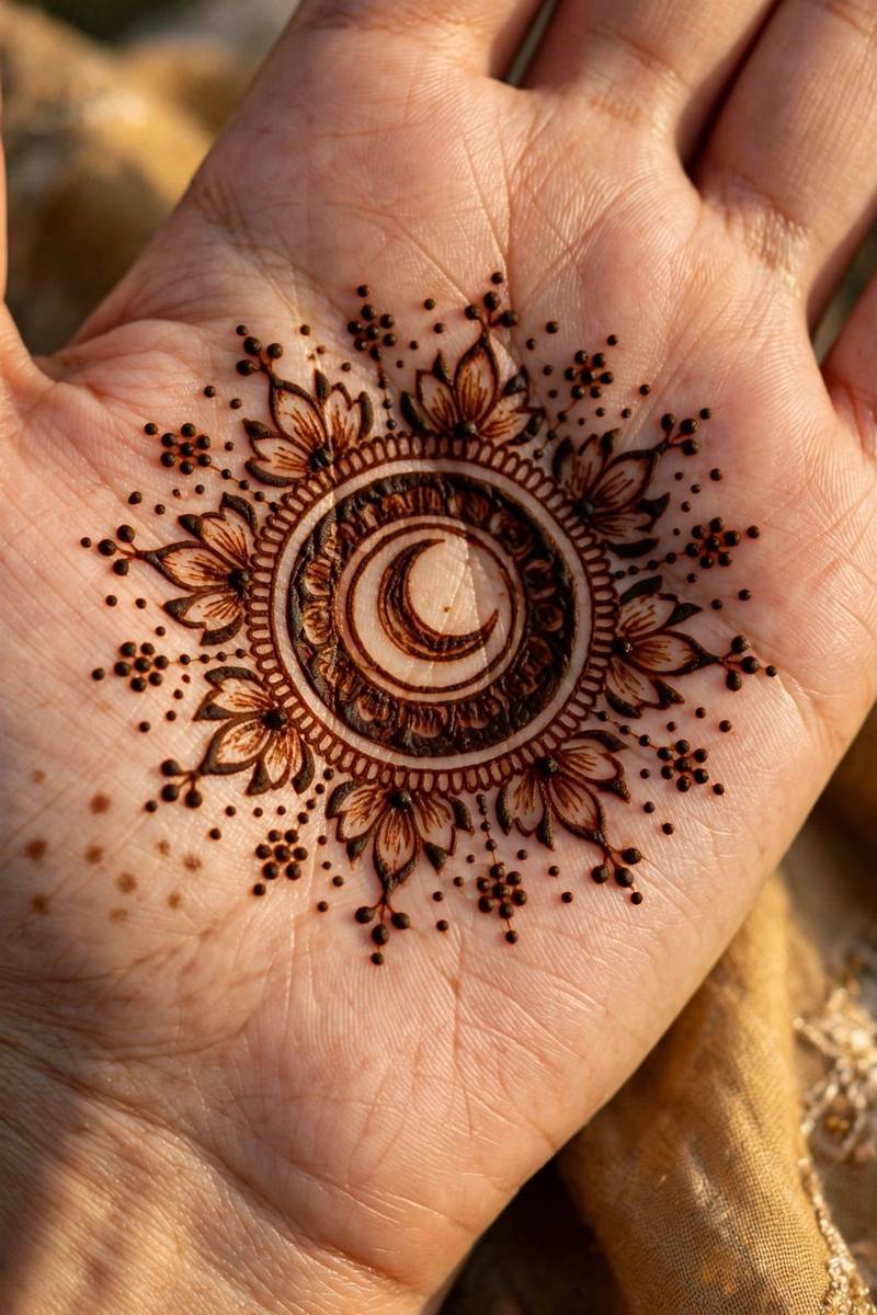 Chand raat tikki mehndi design with moon motif on the palm