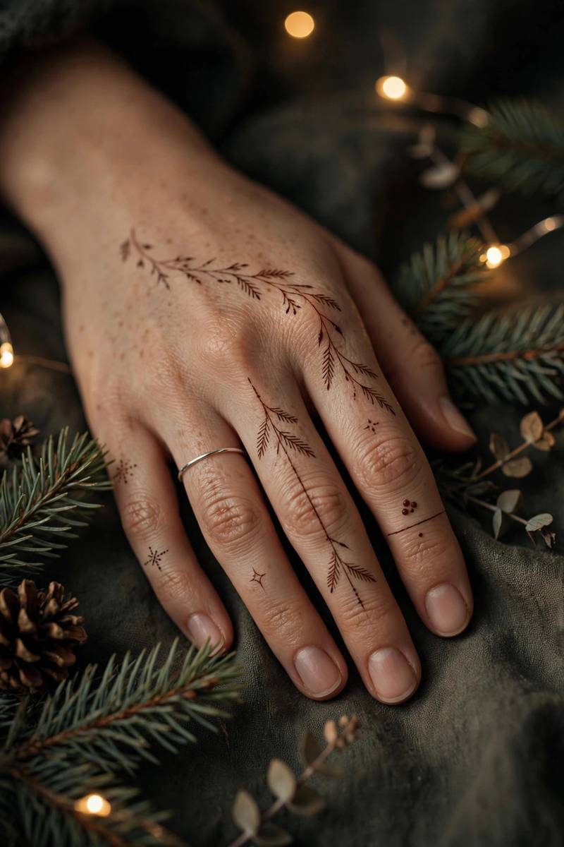 Subtle minimal Christmas henna with pine styling and warm lights