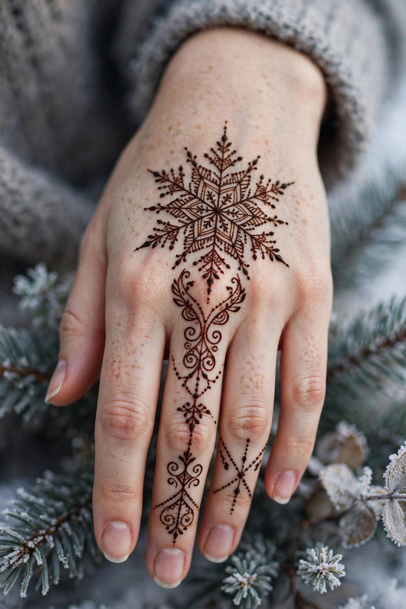 Delicate snowflake-inspired henna motif on hand