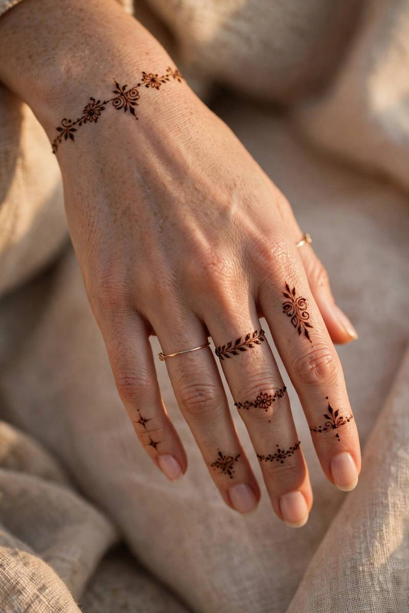 Elegant hand with small festive henna accents for Christmas