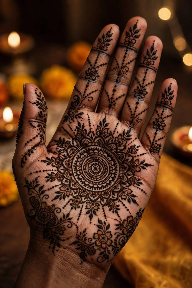 Full-palm festive mandala Diwali mehndi design