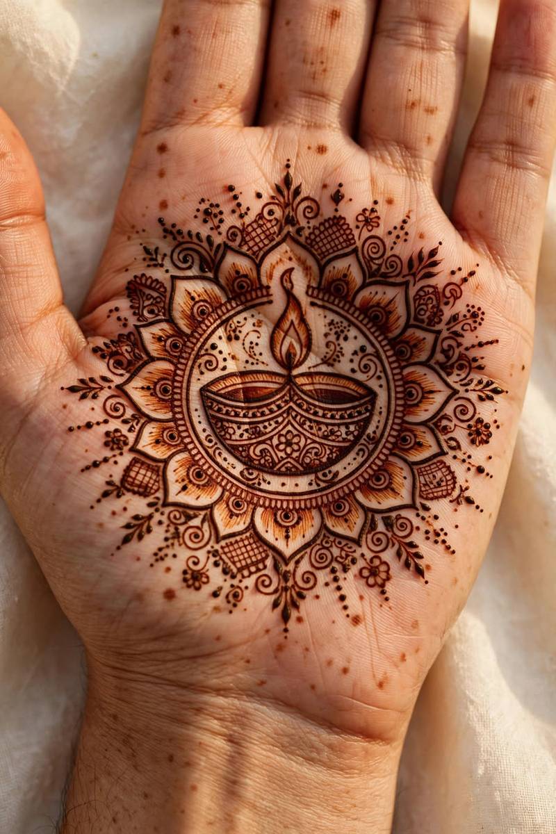 Large detailed diya lamp motif as centrepiece of Diwali mehndi