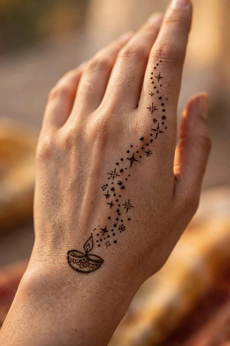 Small diya with rising spark trail in playful Diwali mehndi