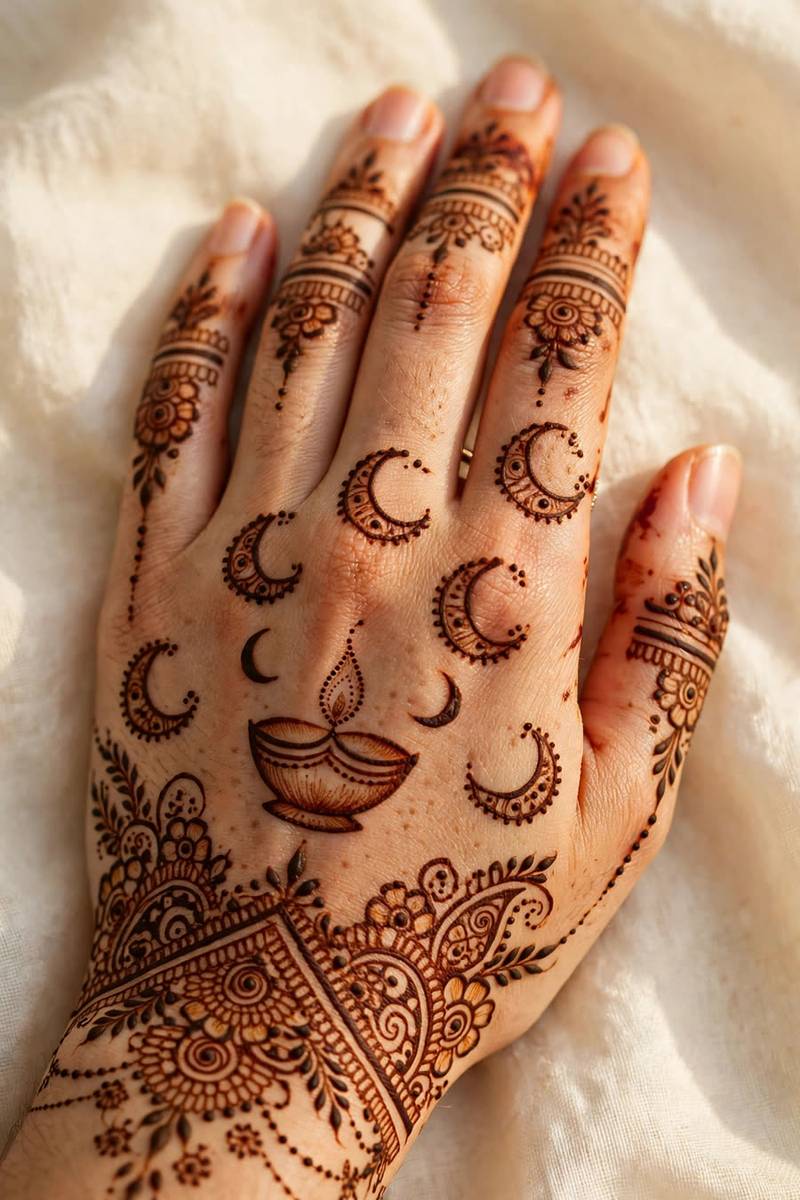 Multiple diyas arranged across the palm in festive mehndi