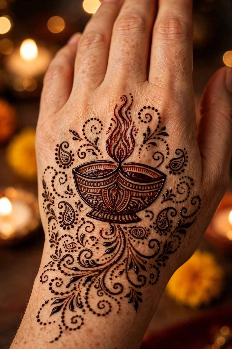 Diya medallion with swirling details in Diwali mehndi on back of hand