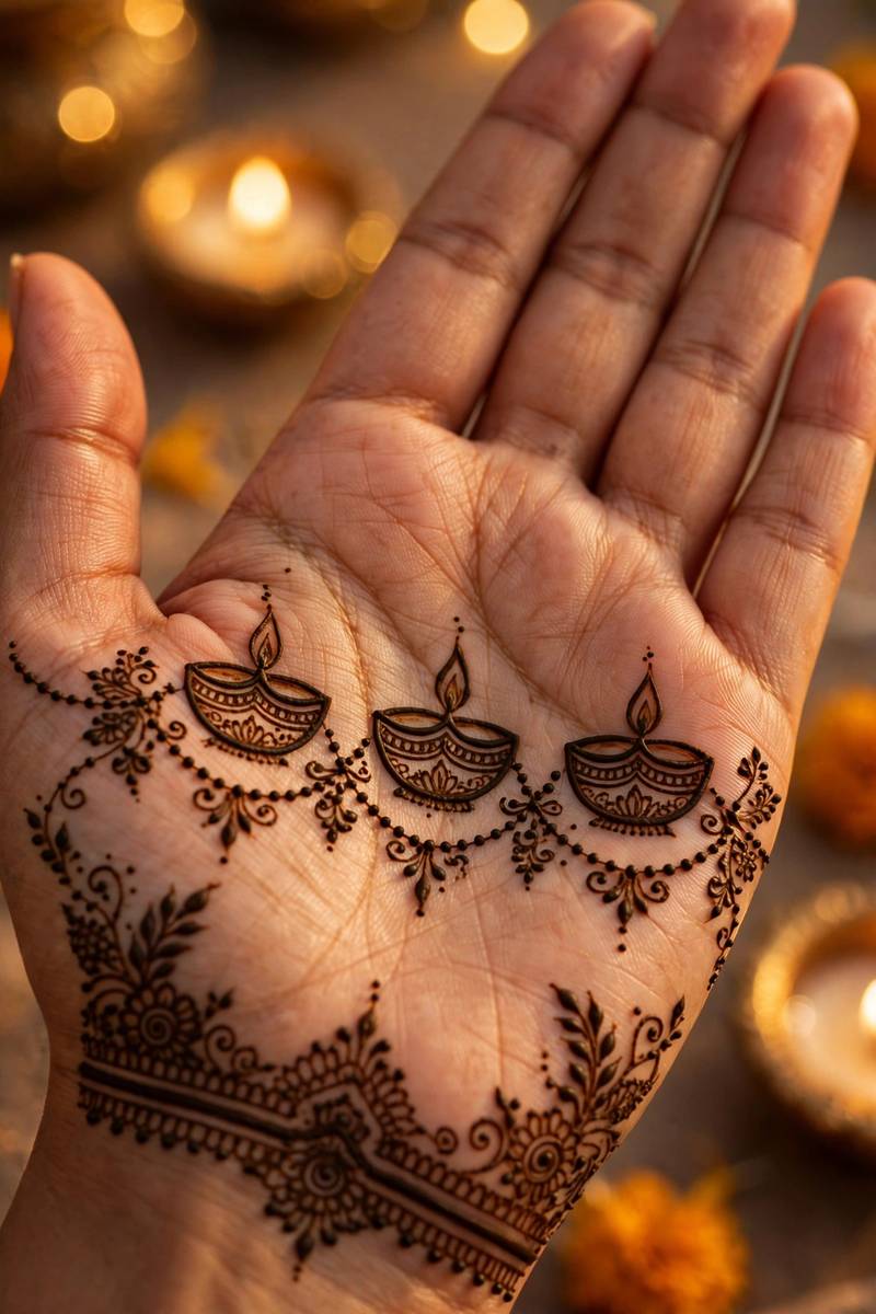 Three diyas connected by garland trails in Diwali palm mehndi