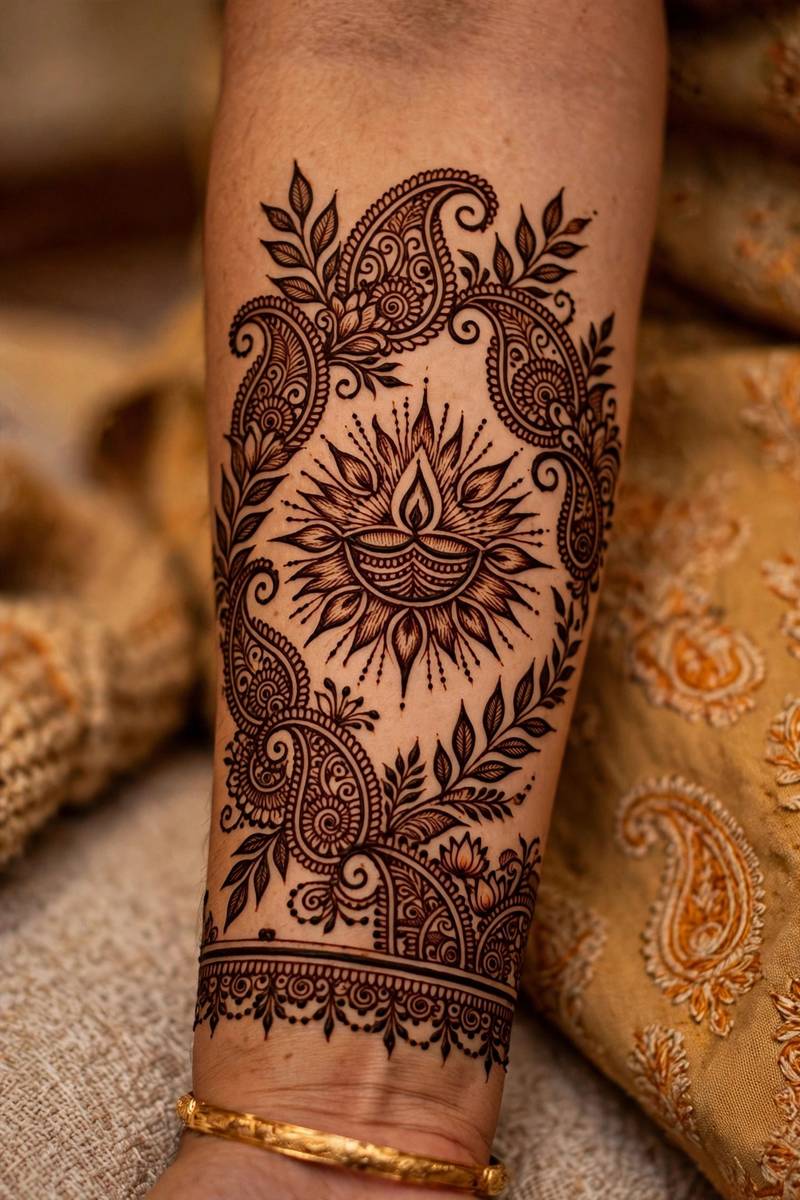 Ornate diya with paisley frame on forearm in Diwali mehndi