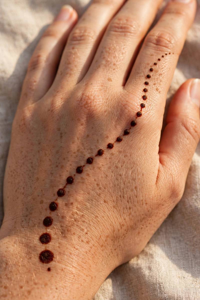 Simple henna flower made of petals and dots on the back of a hand