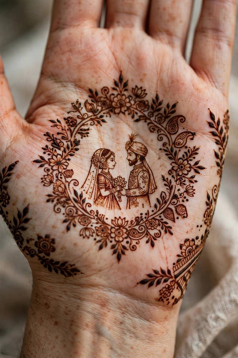 Full hand bridal mehndi design with bride and groom portrait motif panels