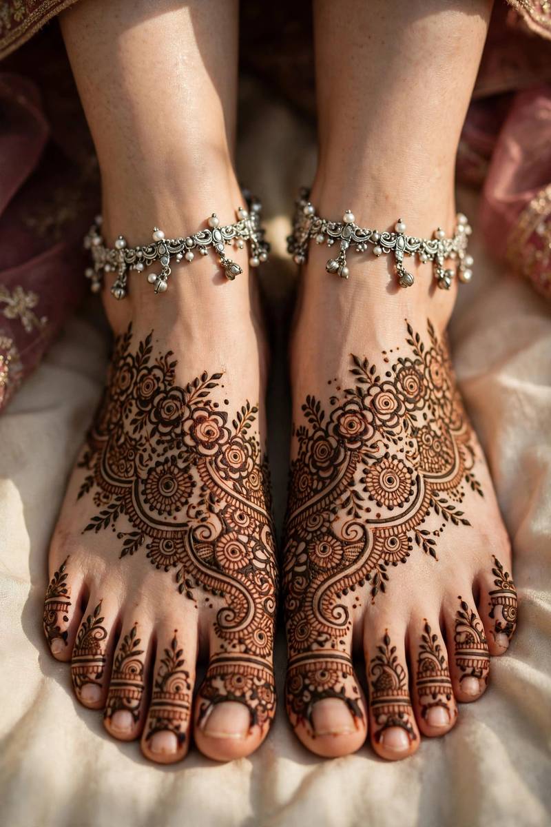Dense bridal henna on feet for winter wedding