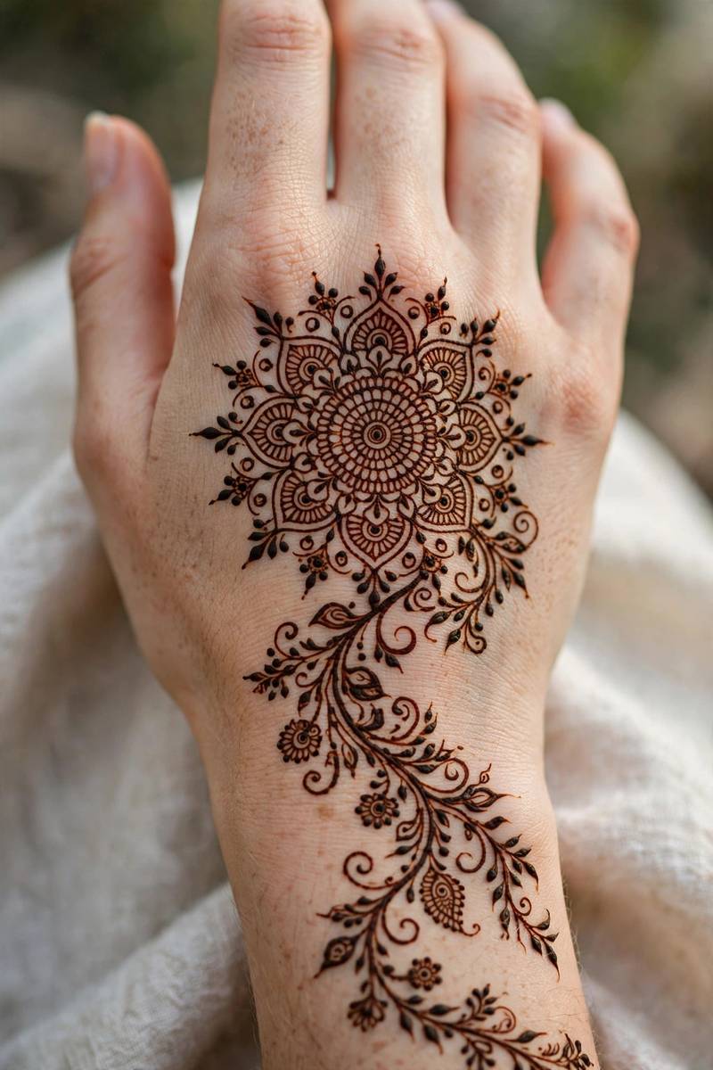 Full hand bridal mehndi extending to forearm with symmetrical panel designs