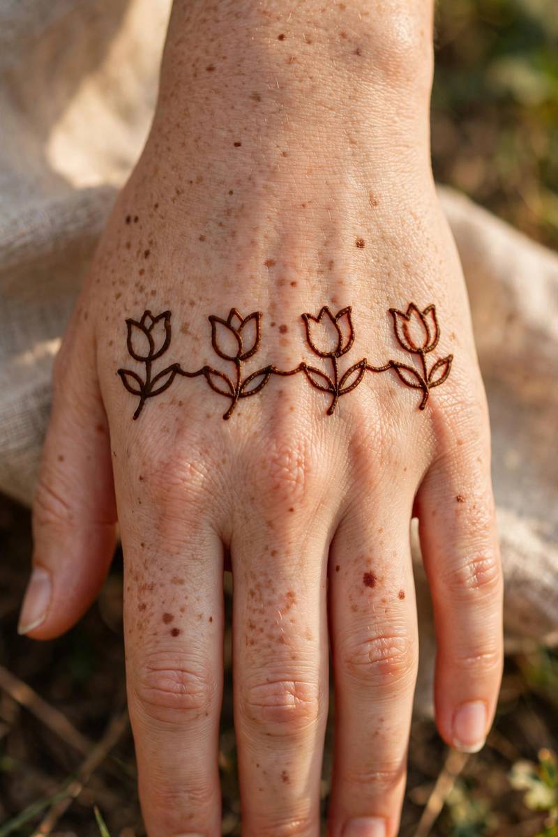 Layered mandala henna design of petals and dots in a palm