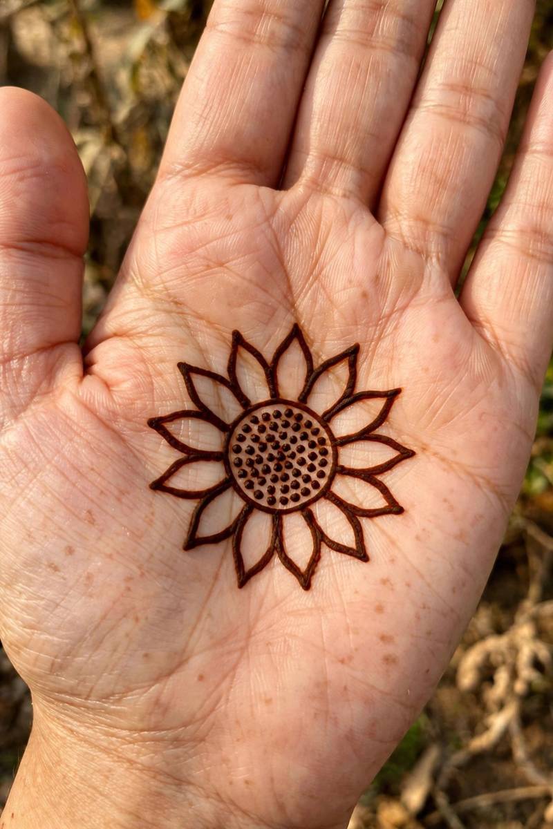 Flowing leafy vine mehndi pattern with shaded leaves along a curved stem