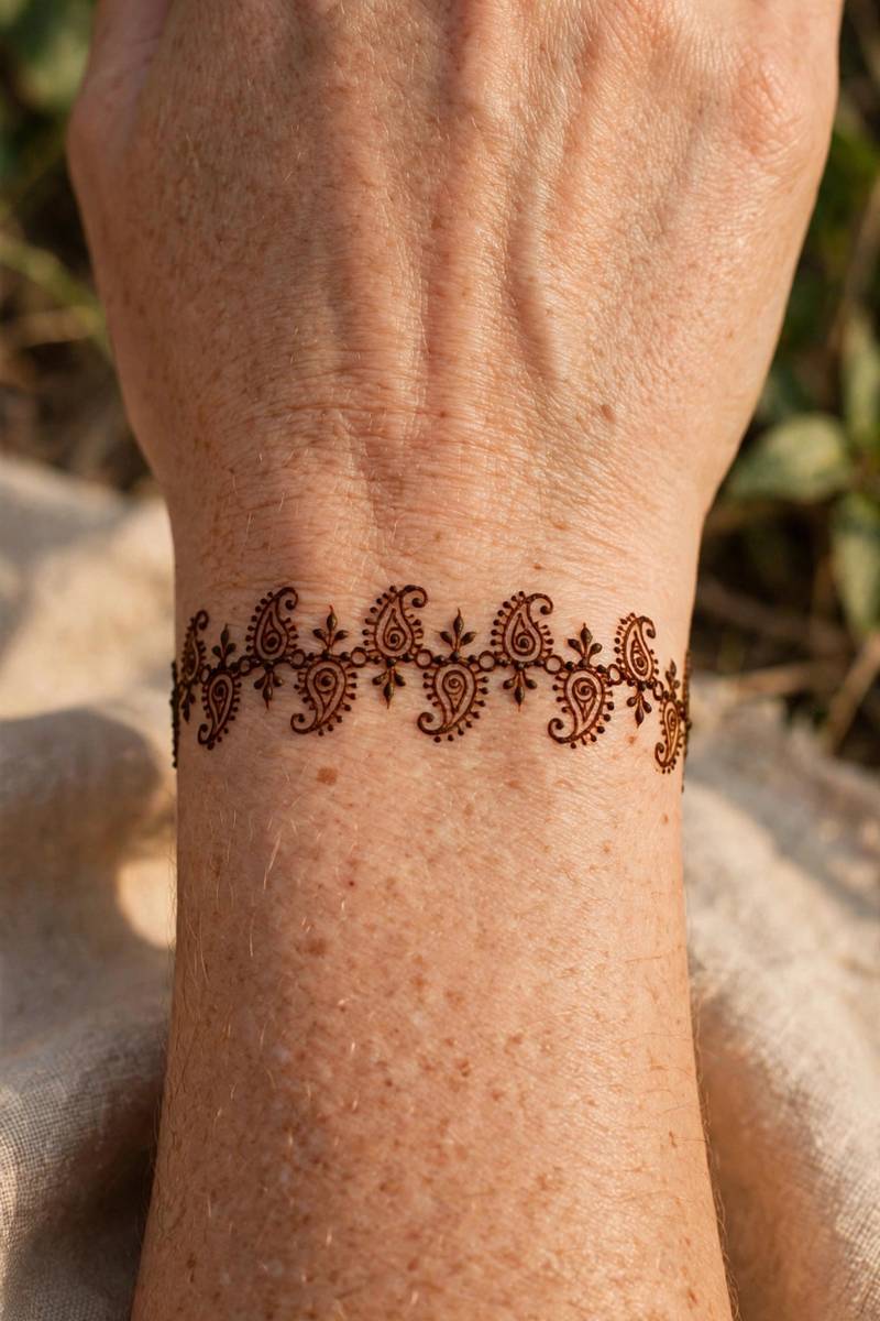 Easy mini paisley chain mehndi design around the wrist