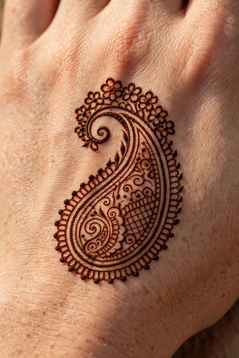 Easy paisley mehndi design with a floral cap for beginners