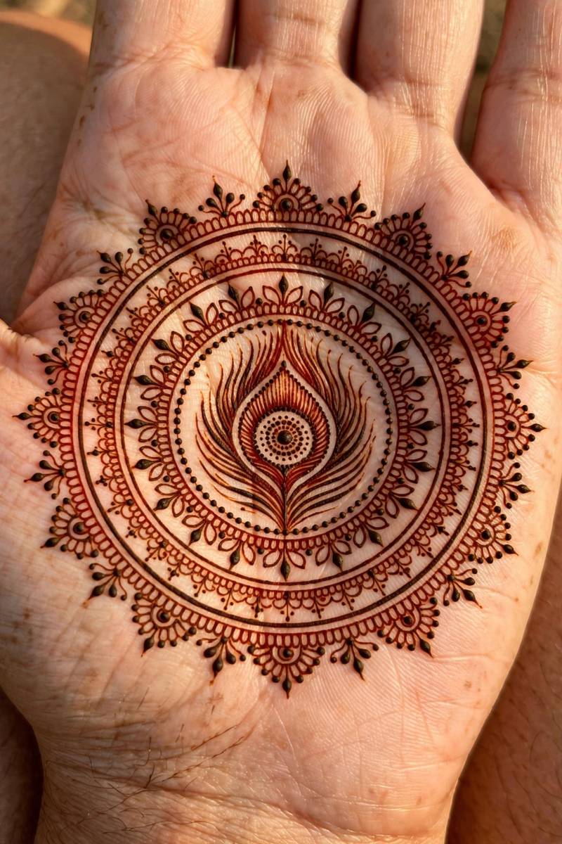 Easy peacock eye mandala mehndi design on the palm