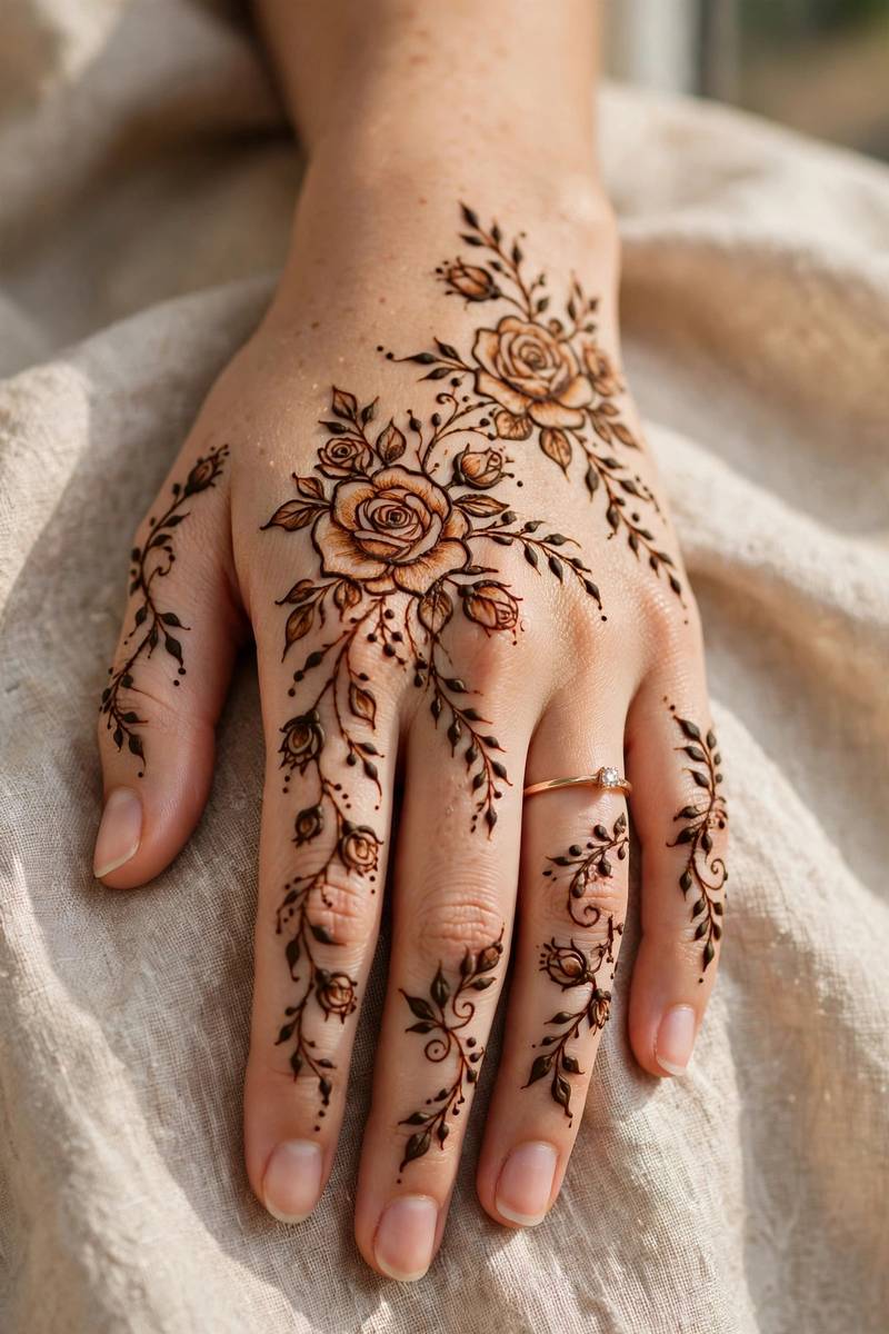 Pretty medium-coverage floral engagement henna on hand