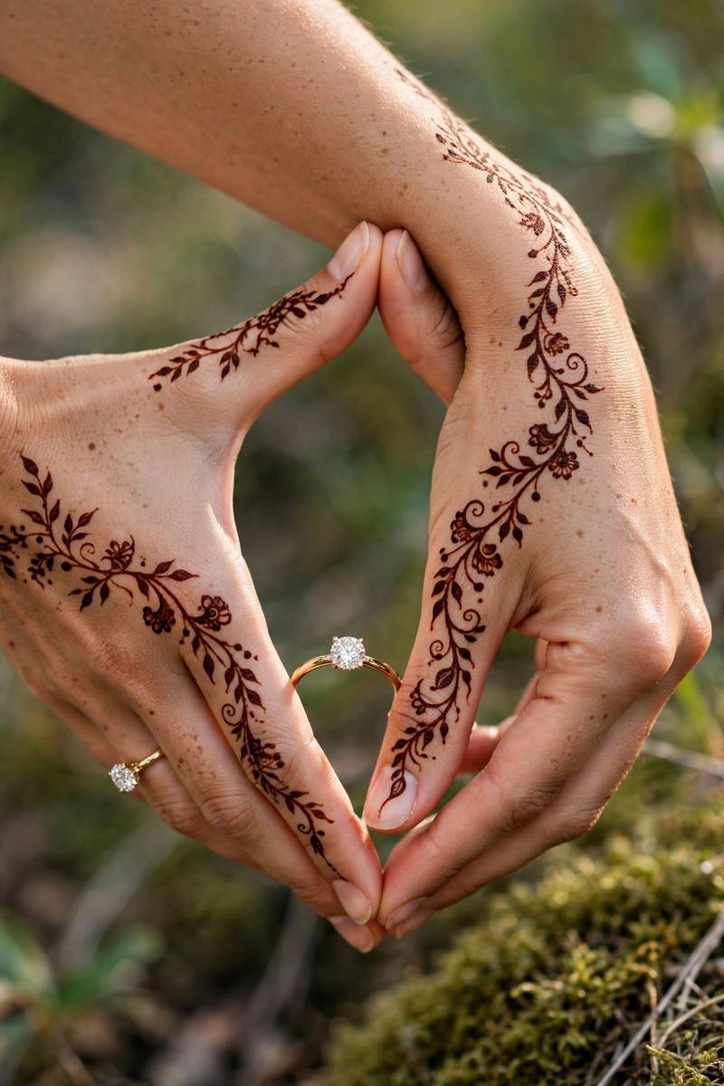Hands with engagement ring and trailing vine henna in ring-flash pose