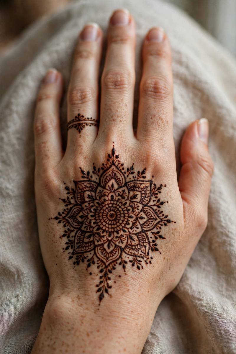 Elegant back-of-hand mandala engagement henna with ring finger accent