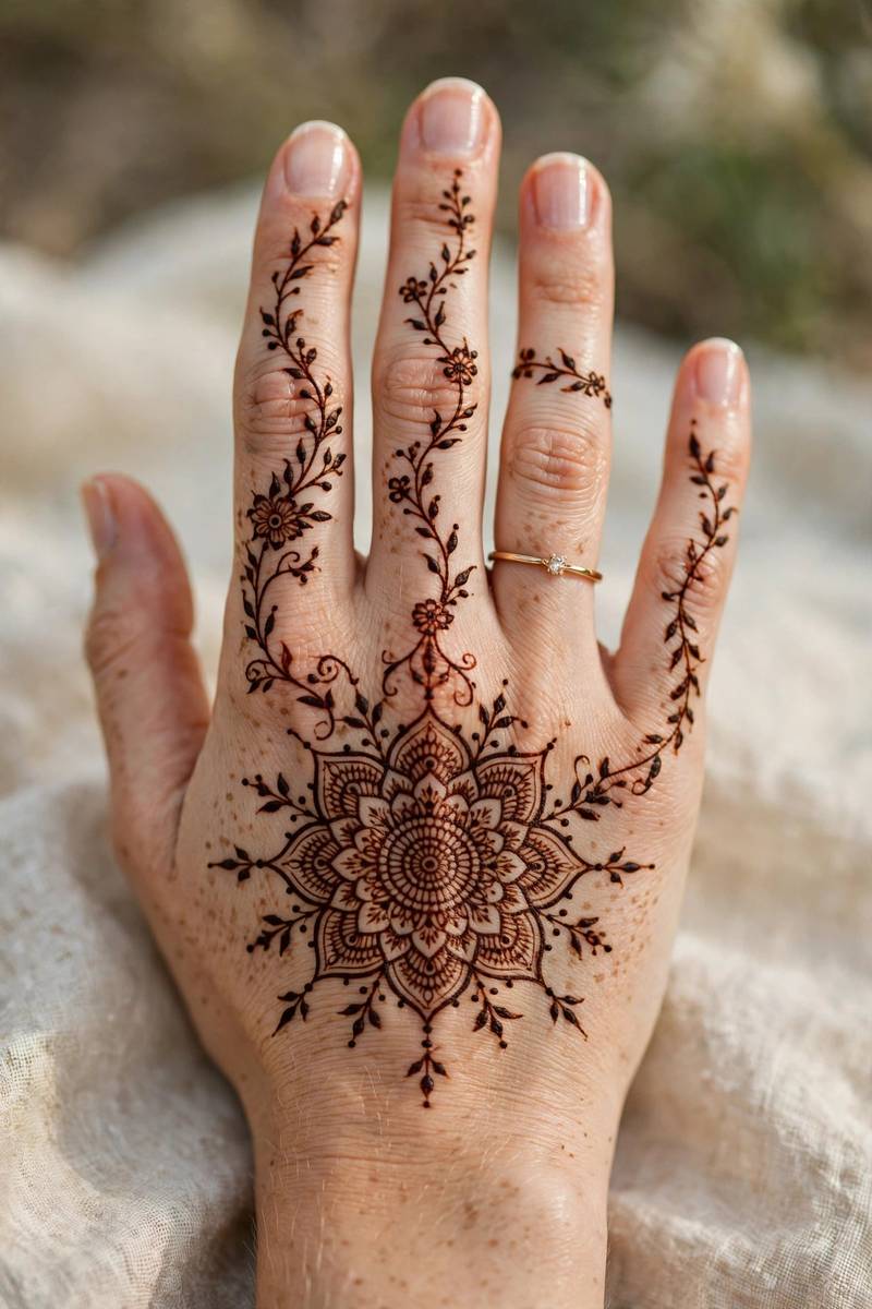 Bridal henna vines on fingers connecting to palm mandala