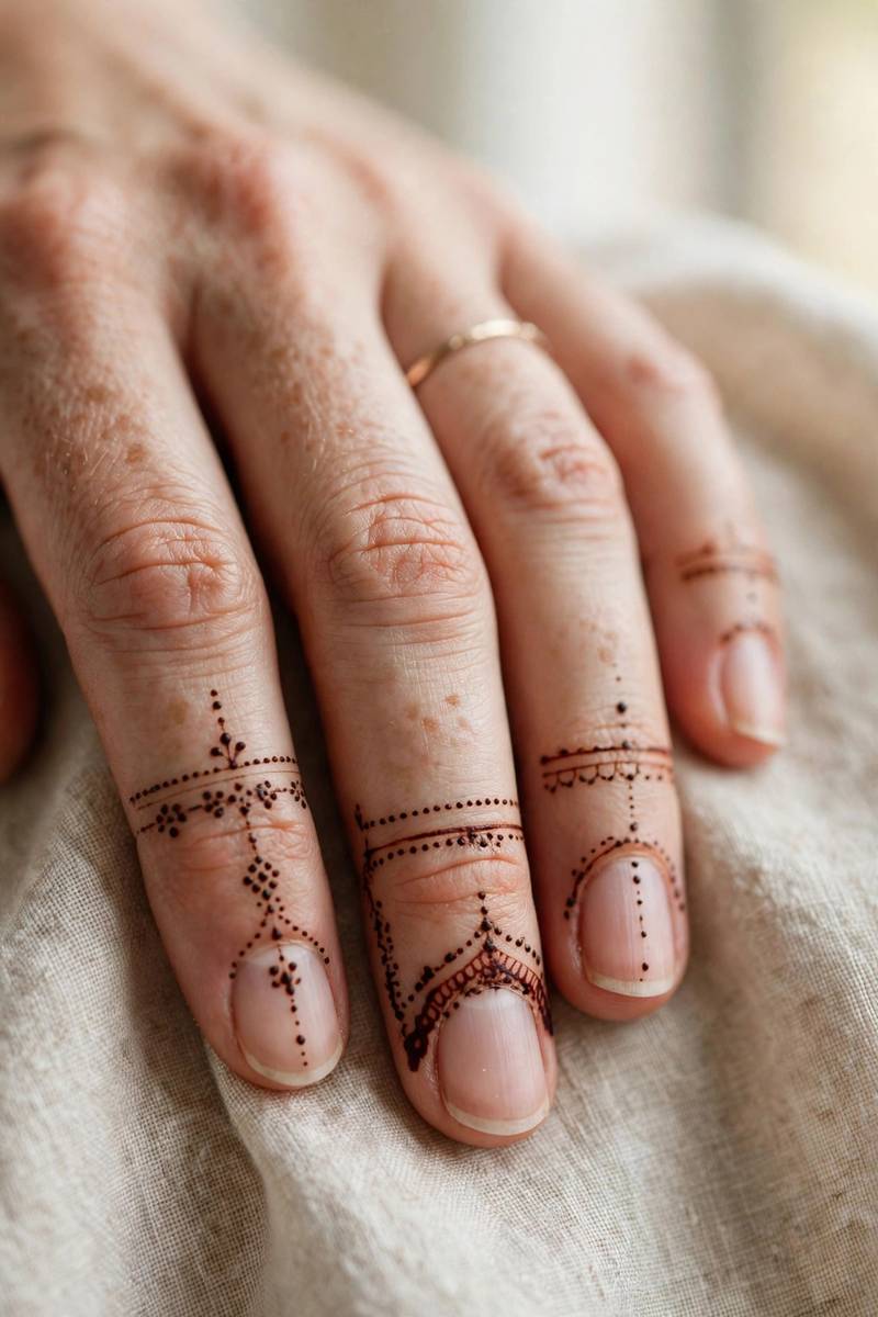 Delicate dot and band henna on bride's fingertips
