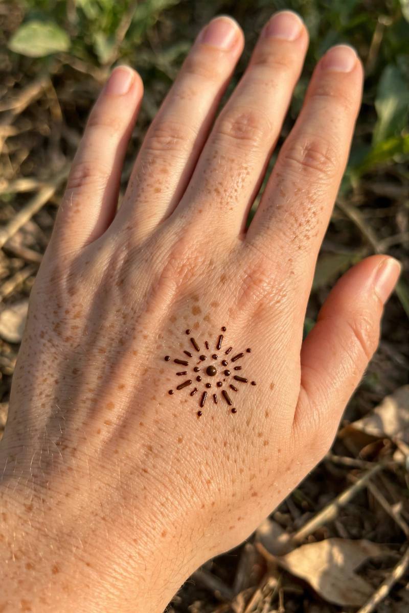 Quick five-minute mini sun mehndi design on the back of the hand